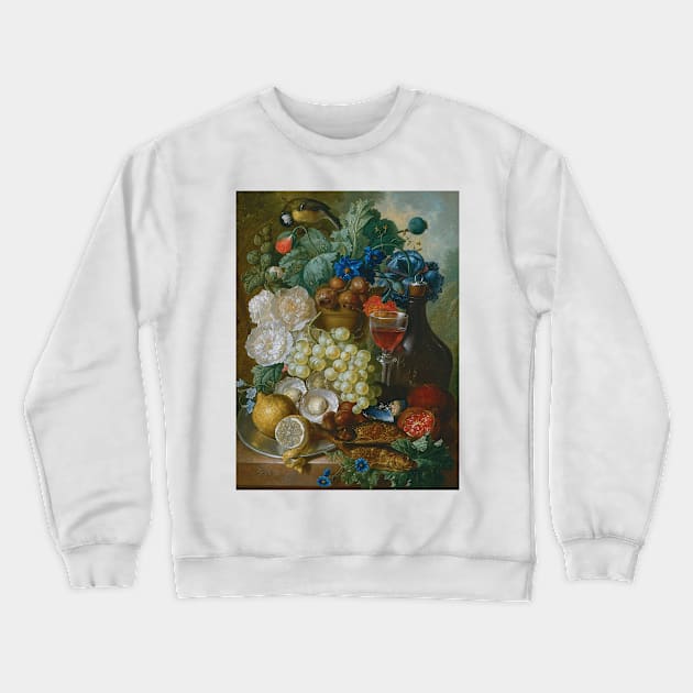 Still Life With Fruit And Flowers, Together With Oysters, Mussels, A Glass Of Wine, A Decanter And Other Objects On A Stone Ledge by Jan van Os Crewneck Sweatshirt by Classic Art Stall